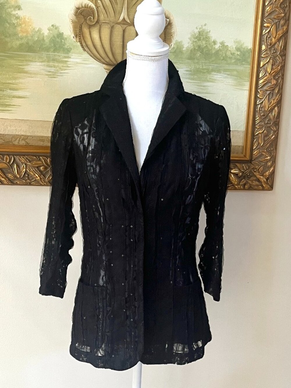 Alberto Makali Vintage Sheer Lace Sequin Black Blazer Size S